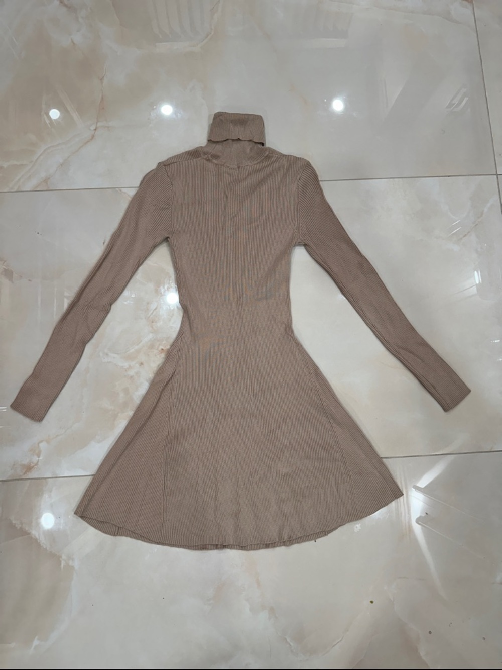 Zara Taupe Ribbed Turtleneck Long-Sleeve Dress